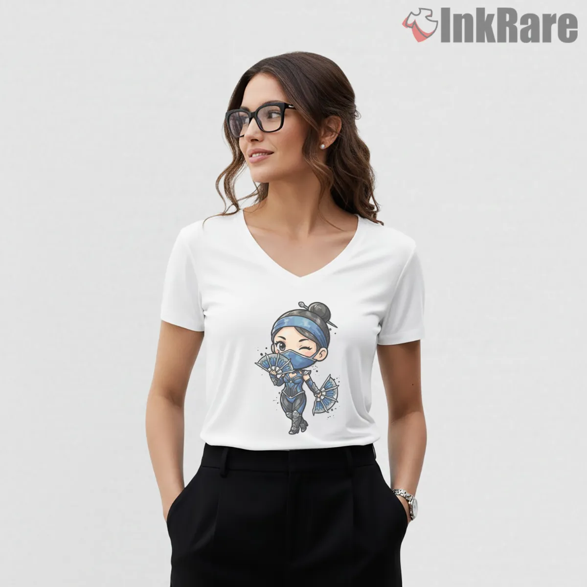 Mortal Kombat Kitana Chibi Fan Warrior V Neck White Mortal Kombat Kitana Chibi Fan Warrior Shirt on white v-neck shirt for women graphic tee