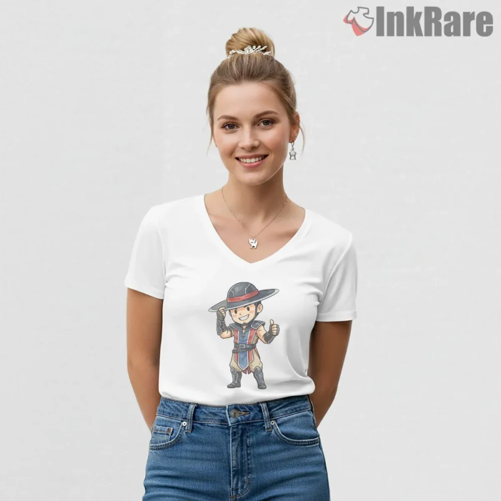 Mortal Kombat Kung Lao Chibi Hat Warrior Shirt on white v-neck shirt for women graphic tee