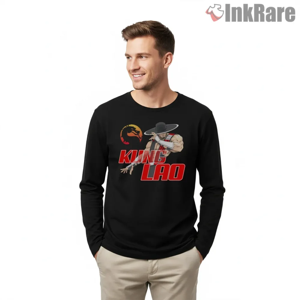 Mortal Kombat Kung Lao Hat Fighter Action Pose Shirt on black long sleeve shirt for men graphic tee