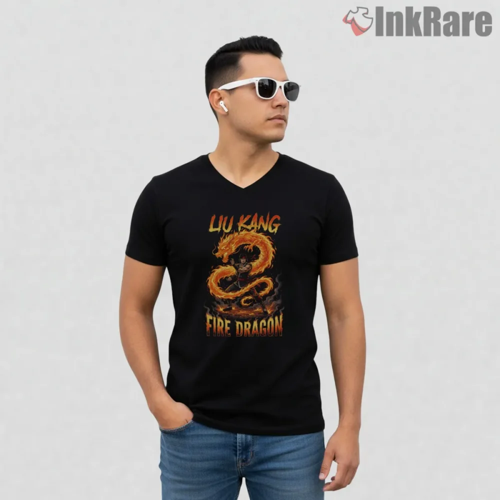 Mortal Kombat Liu Kang Fire Dragon Master Shirt on black v-neck shirt for men graphic tee