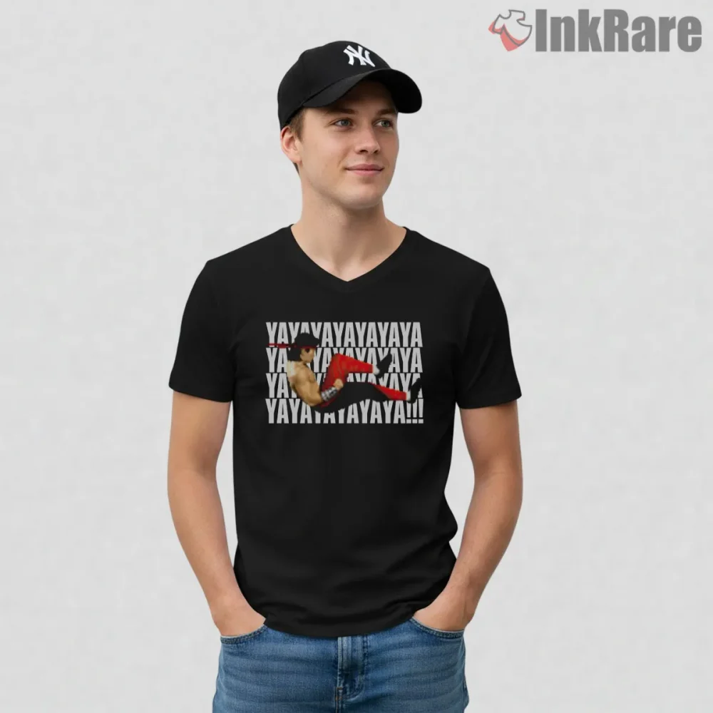 Mortal Kombat Liu Kang Flying Kick Arcade Energy Shirt on black v-neck shirt for men graphic tee