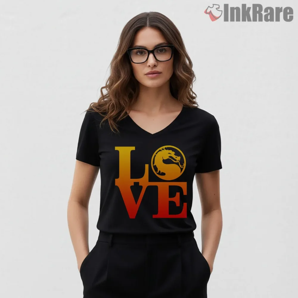 Mortal Kombat Love Logo Parody Graphic Shirt on black v-neck shirt for women graphic tee