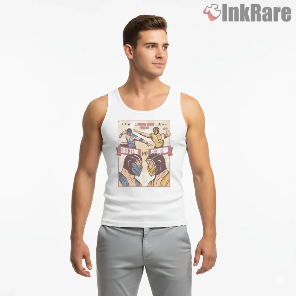Mortal Kombat Lucha Libre Sub Zero Vs Scorpion Shirt on white tank top for men graphic tee
