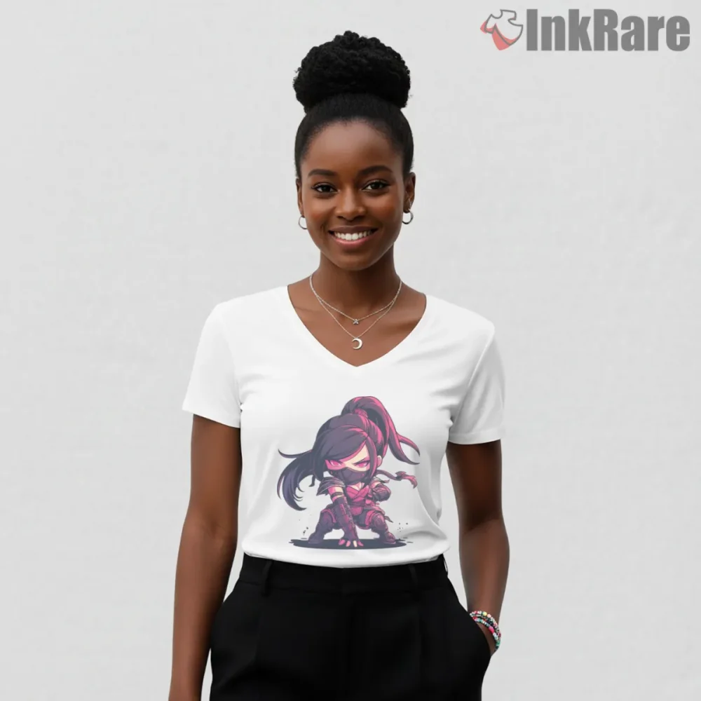 Mortal Kombat Mileena Chibi Pink Assassin Shirt on white v-neck shirt for women graphic tee