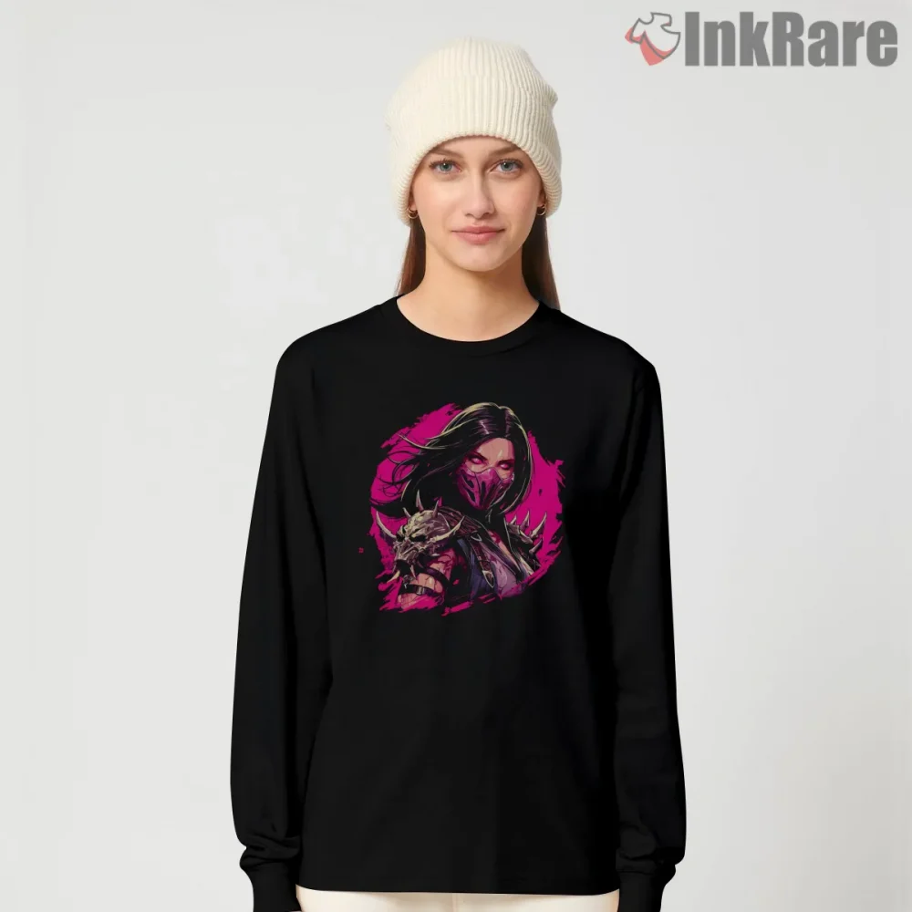 Mortal Kombat Mileena Neon Glow Portrait Shirt on black long sleeve shirt for women graphic tee