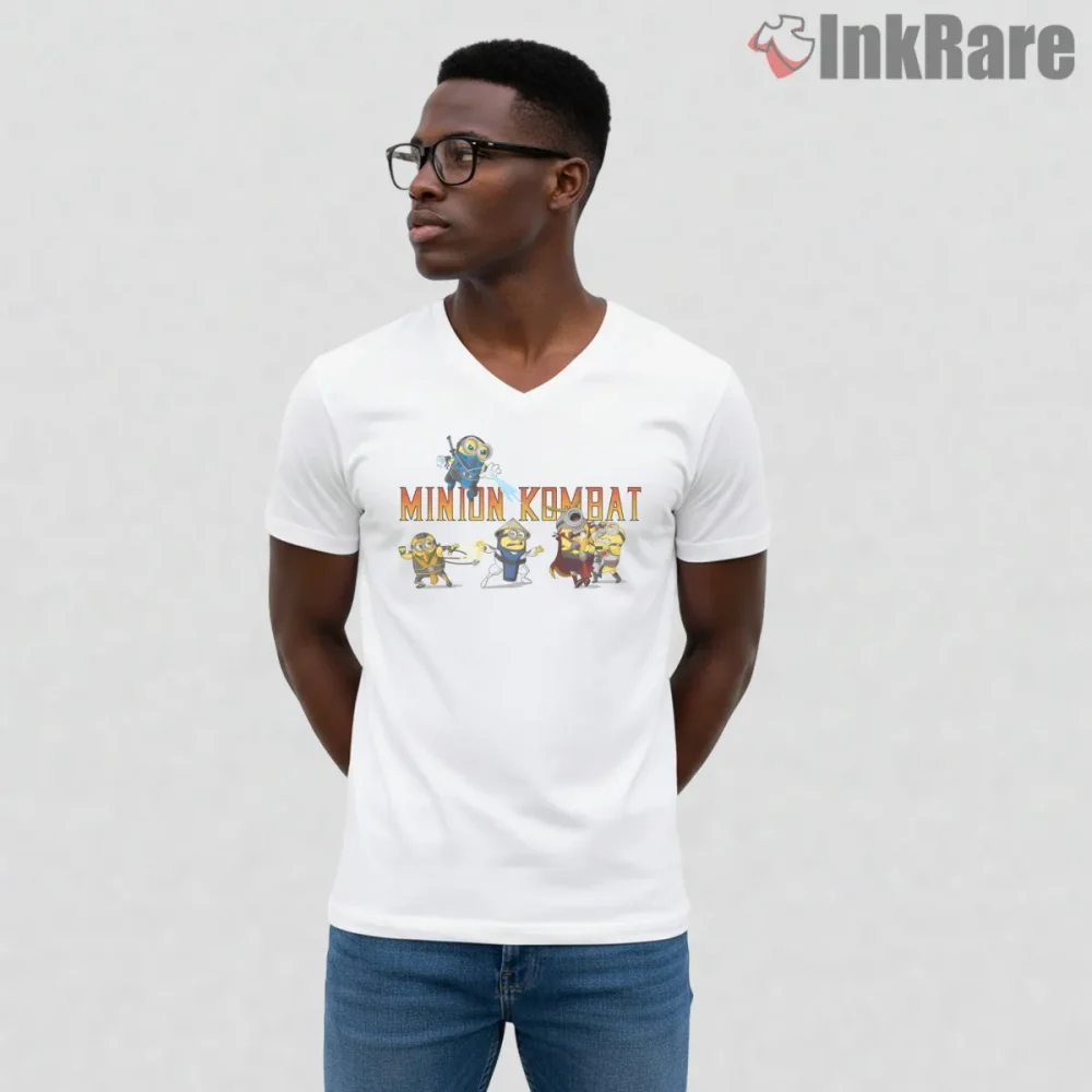 Mortal Kombat Minion Kombat Cartoon Crossover Shirt on white v-neck shirt for men graphic tee
