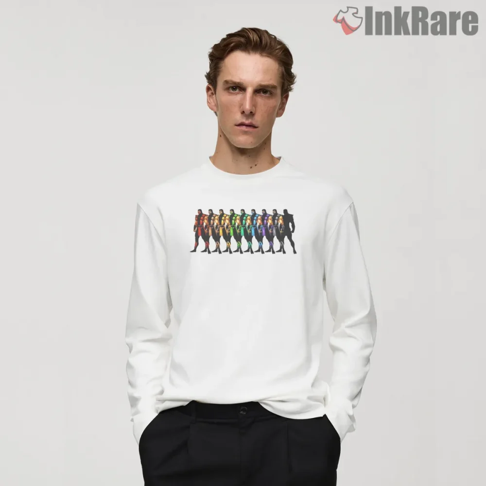 Mortal Kombat Ninja Rainbow Lineup Classic Shirt on white long sleeve shirt for men graphic tee