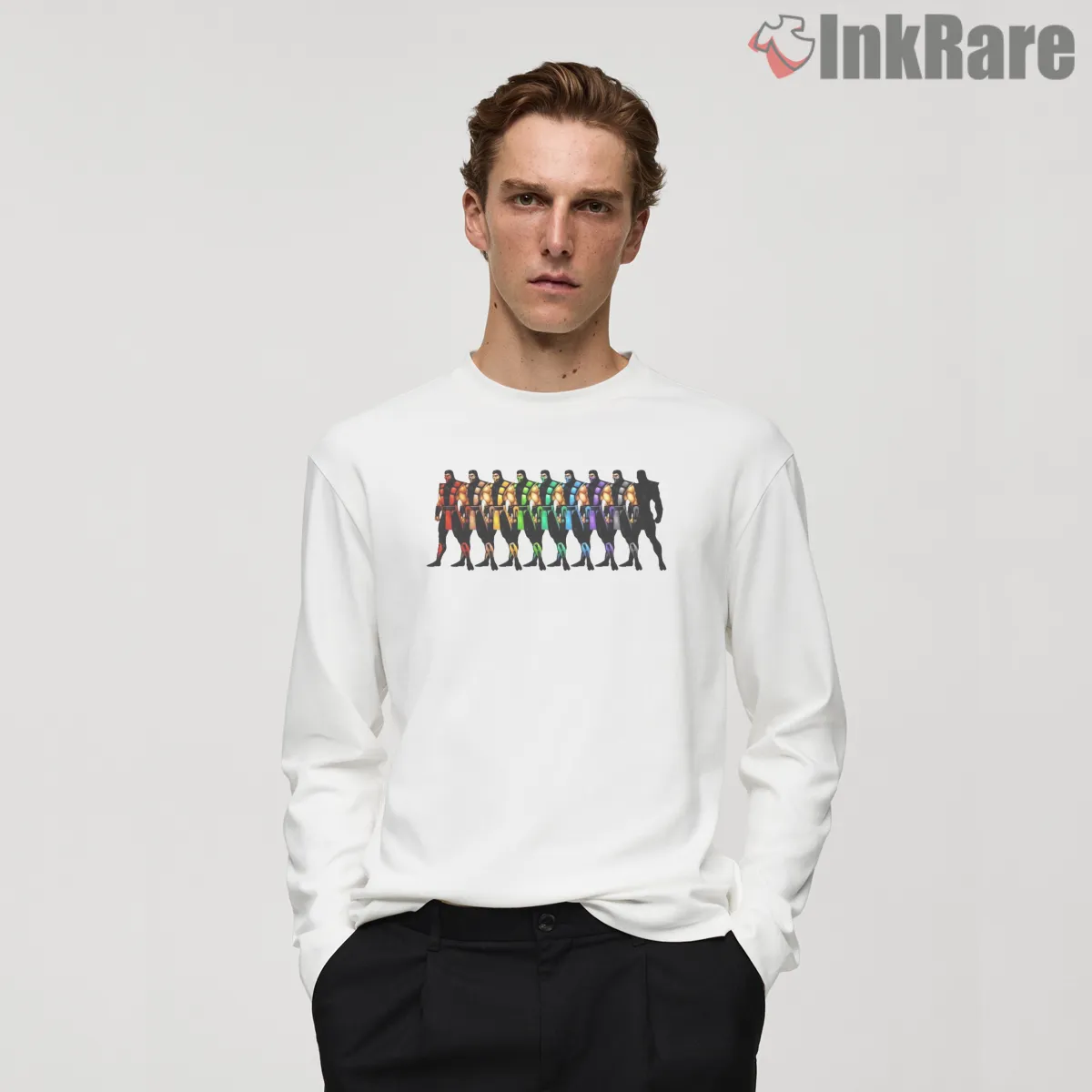 Mortal Kombat Ninja Rainbow Lineup Classic Long Sleeve White Mortal Kombat Ninja Rainbow Lineup Classic Shirt on white long sleeve shirt for men graphic tee