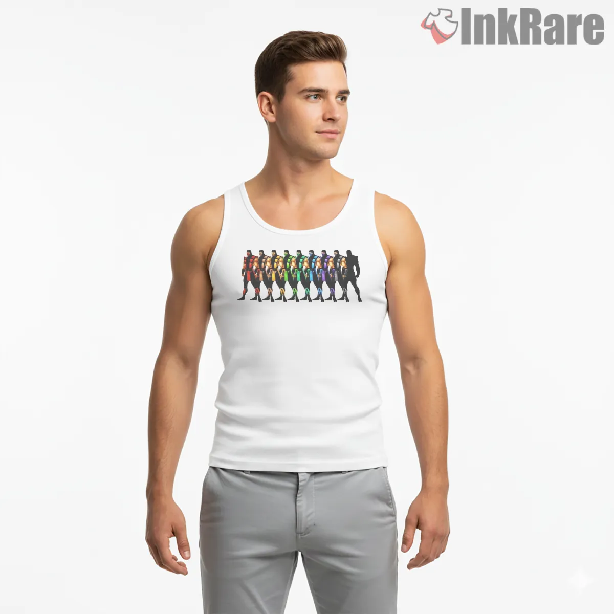 Mortal Kombat Ninja Rainbow Lineup Classic Tank Top White Mortal Kombat Ninja Rainbow Lineup Classic Shirt on white tank top for men graphic tee