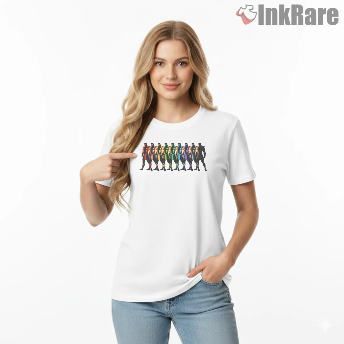 Mortal Kombat Ninja Rainbow Lineup Classic Short Sleeve White Mortal Kombat Ninja Rainbow Lineup Classic Shirt on white short sleeve shirt for women graphic tee