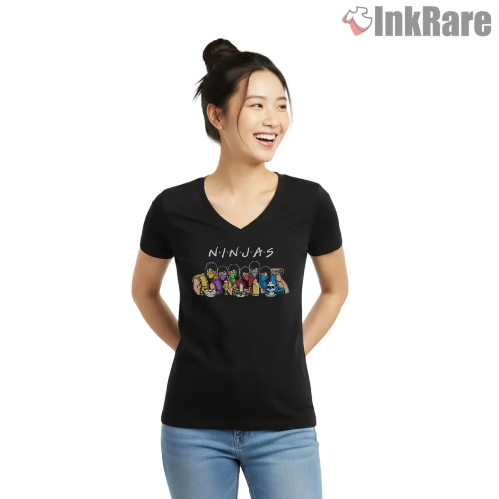 Mortal Kombat Ninjas Group Parody Dinner Shirt on black v-neck shirt for women graphic tee
