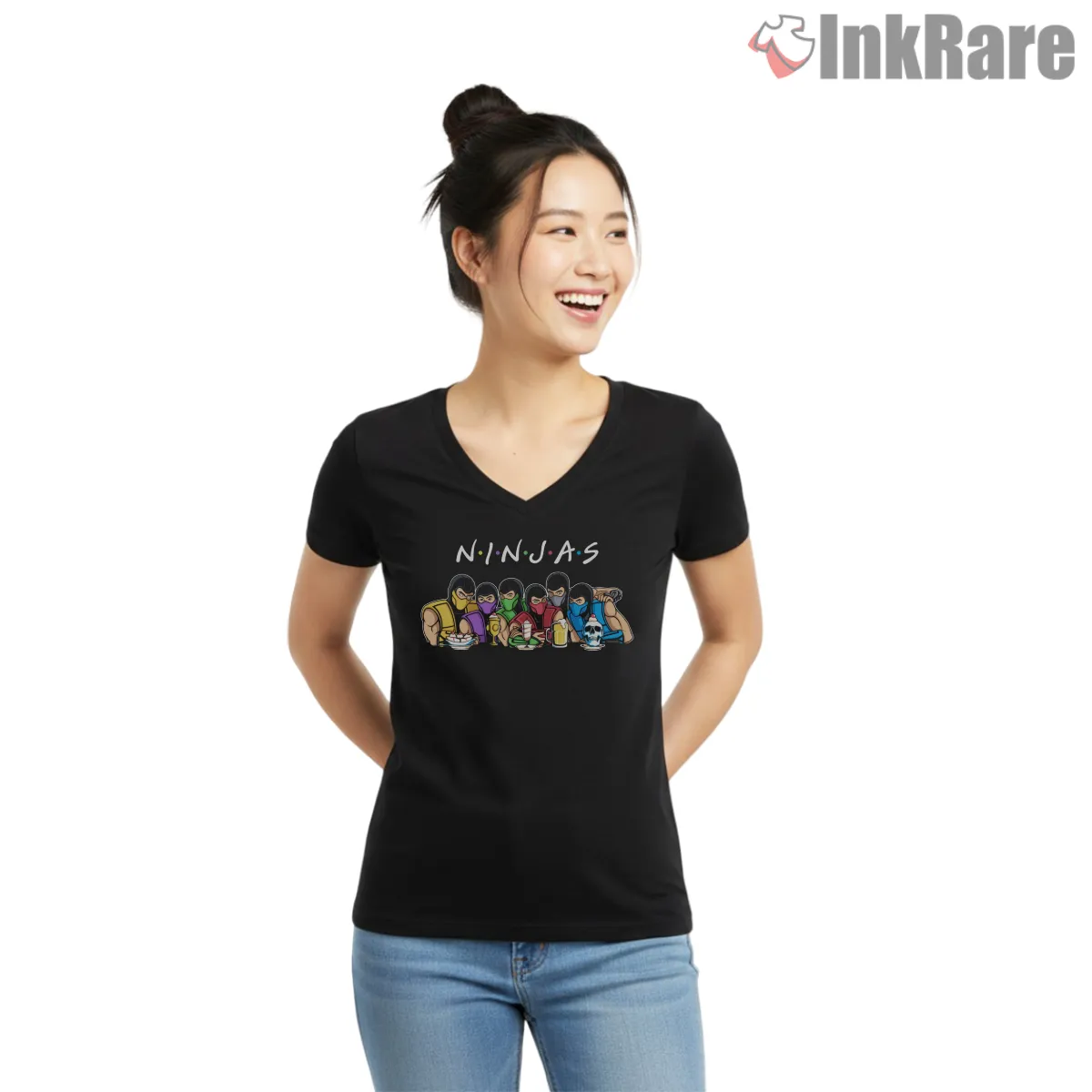 Mortal Kombat Ninjas Group Parody Dinner V Neck Black Mortal Kombat Ninjas Group Parody Dinner Shirt on black v-neck shirt for women graphic tee
