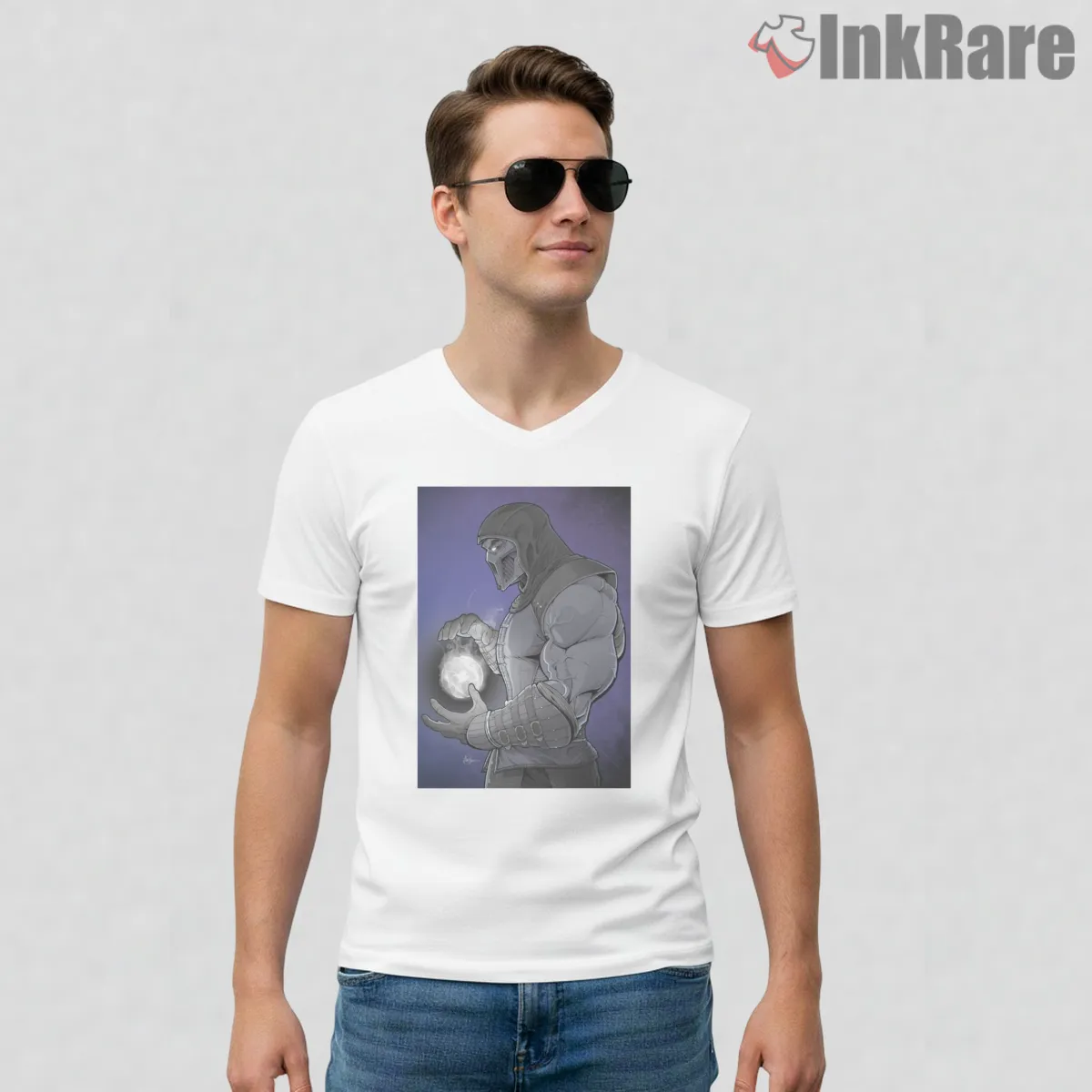 Mortal Kombat Noob Saibot Shadow Power Warrior V Neck White Mortal Kombat Noob Saibot Shadow Power Warrior Shirt on white v-neck shirt for men graphic tee