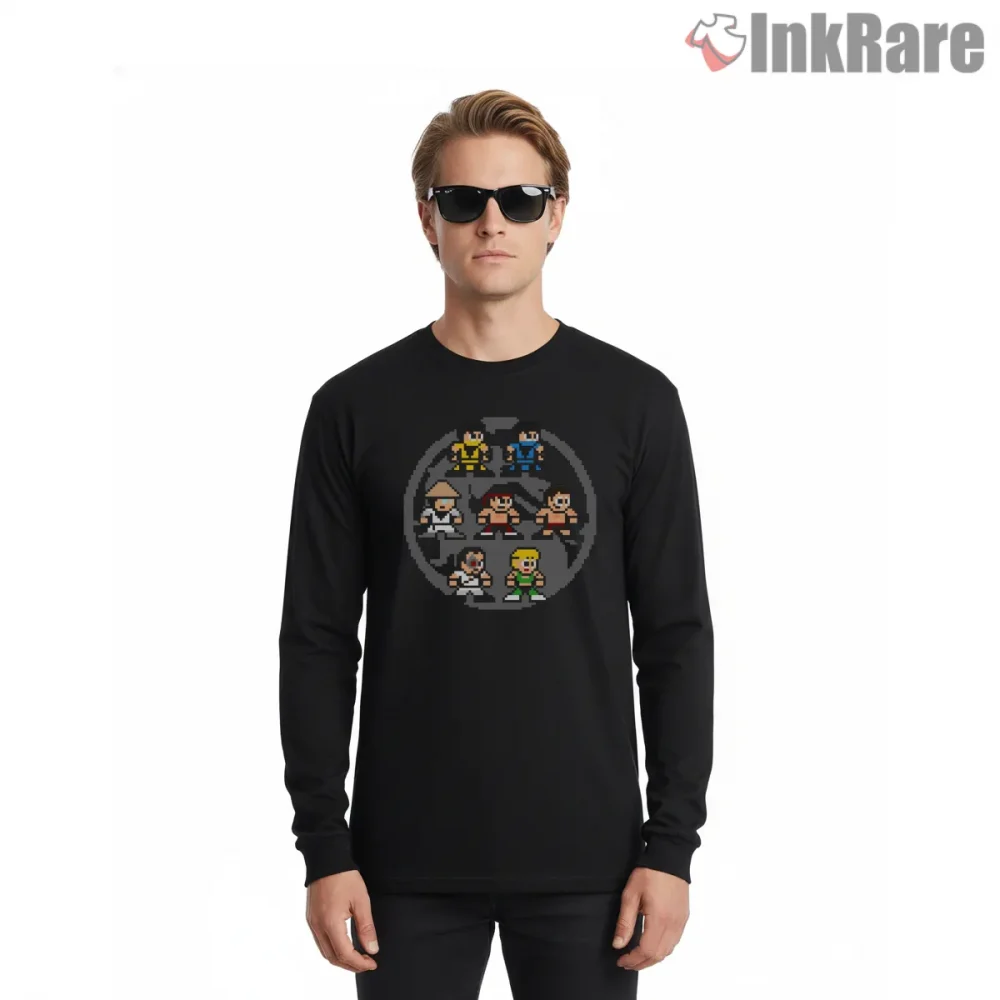 Mortal Kombat Pixel Fighters Retro Gaming Shirt on black long sleeve shirt for men graphic tee
