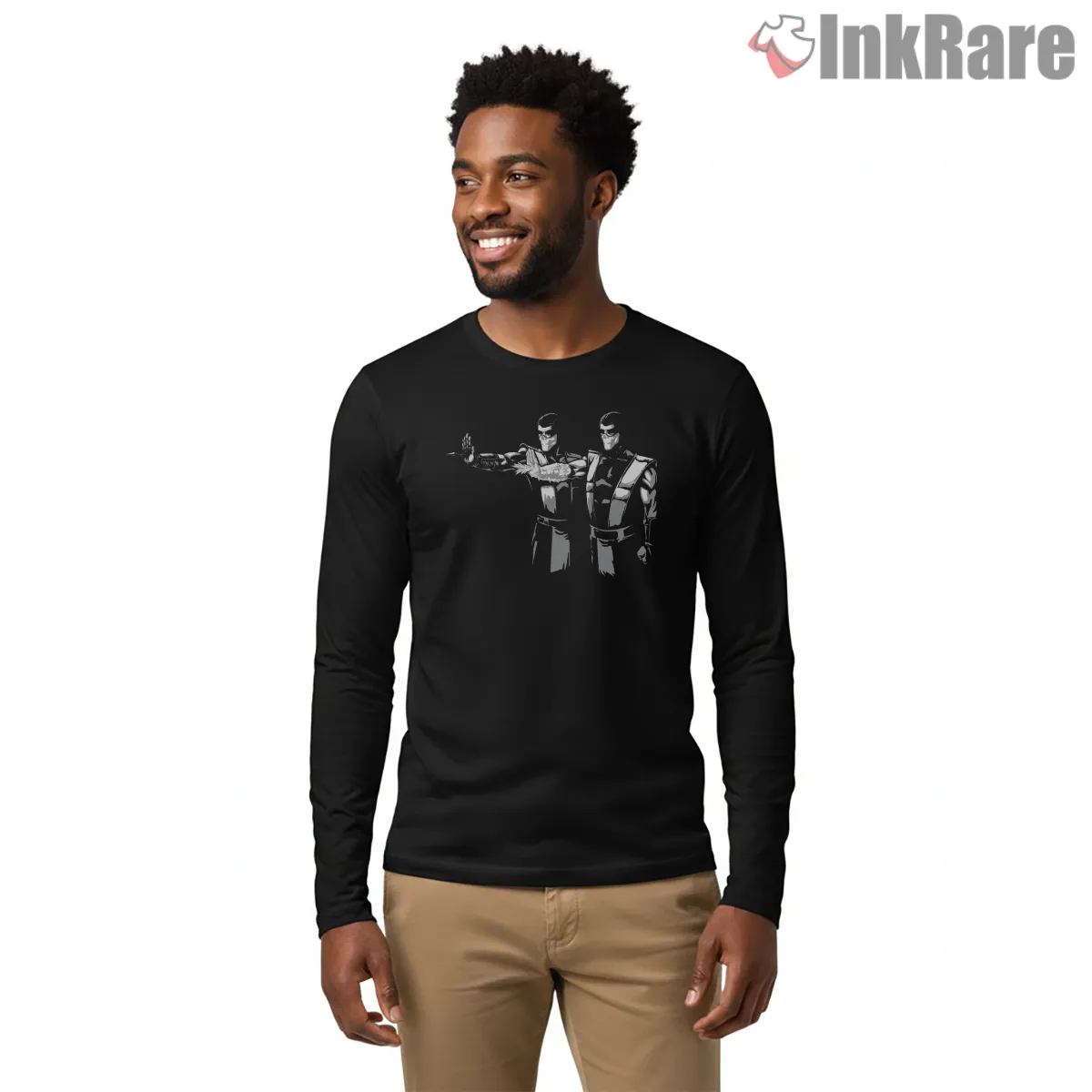 Mortal Kombat Pulp Fiction Ninja Crossover Long Sleeve Black Mortal Kombat Pulp Fiction Ninja Crossover Shirt on black long sleeve shirt for men graphic tee