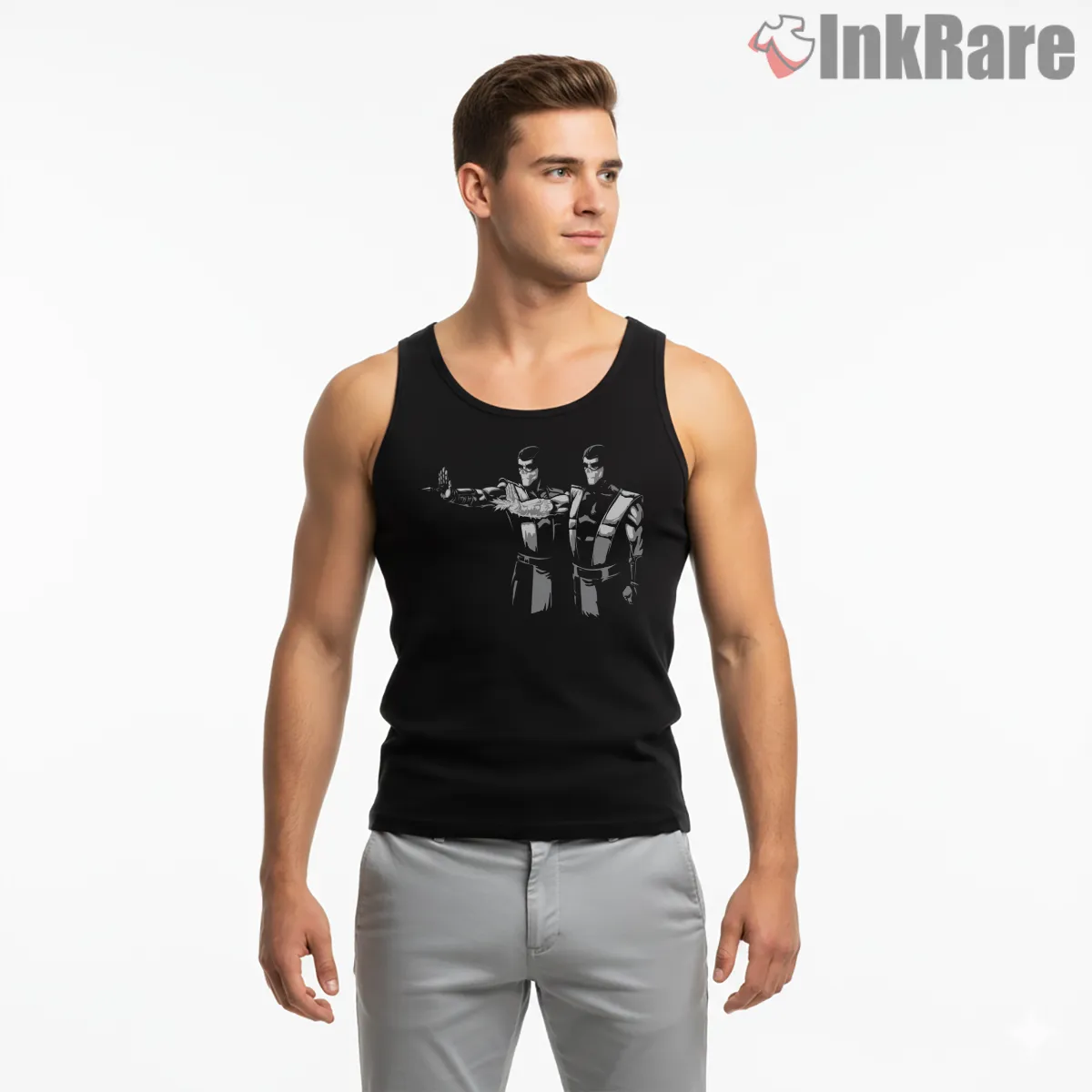 Mortal Kombat Pulp Fiction Ninja Crossover Tank Top Black Mortal Kombat Pulp Fiction Ninja Crossover Shirt on black tank top for men graphic tee