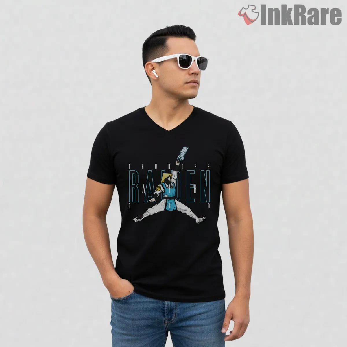 Mortal Kombat Raiden Air Thunder Jump V Neck Black Mortal Kombat Raiden Air Thunder Jump Shirt on black v-neck shirt for men graphic tee