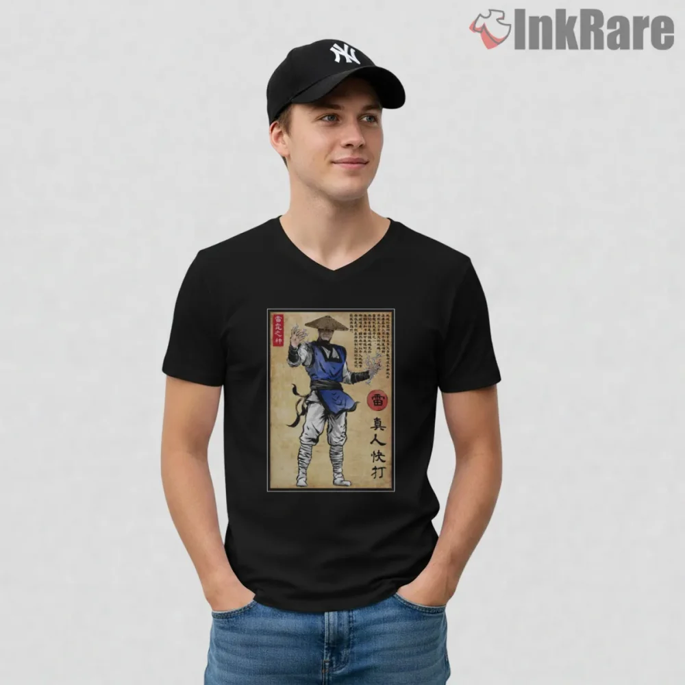 Mortal Kombat Raiden Japanese Woodblock Thunder God Shirt on black v-neck shirt for men graphic tee