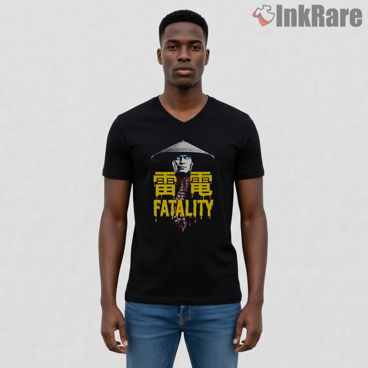 Mortal Kombat Raiden Thunder Fatality Power V Neck Black Mortal Kombat Raiden Thunder Fatality Power Shirt on black v-neck shirt for men graphic tee