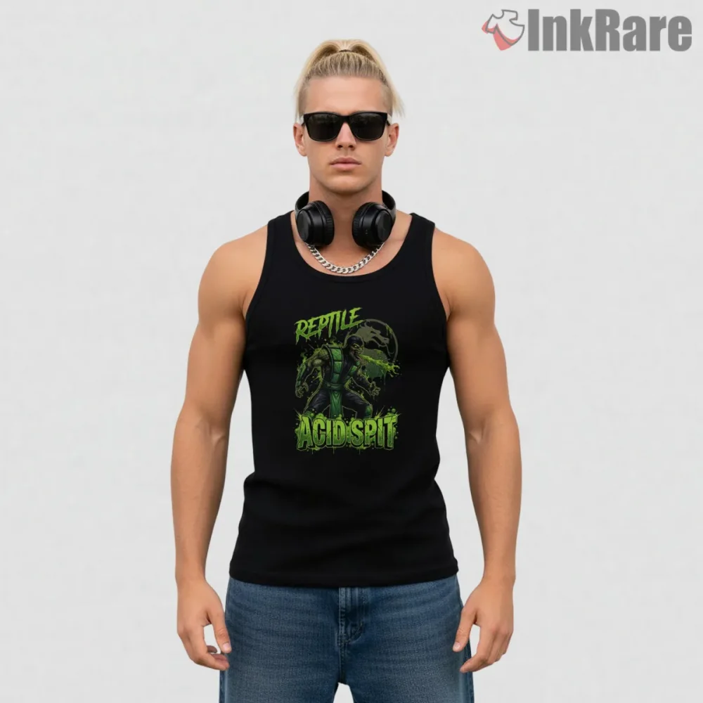 Mortal Kombat Reptile Acid Spit Toxic Power Shirt on black tank top for men graphic tee