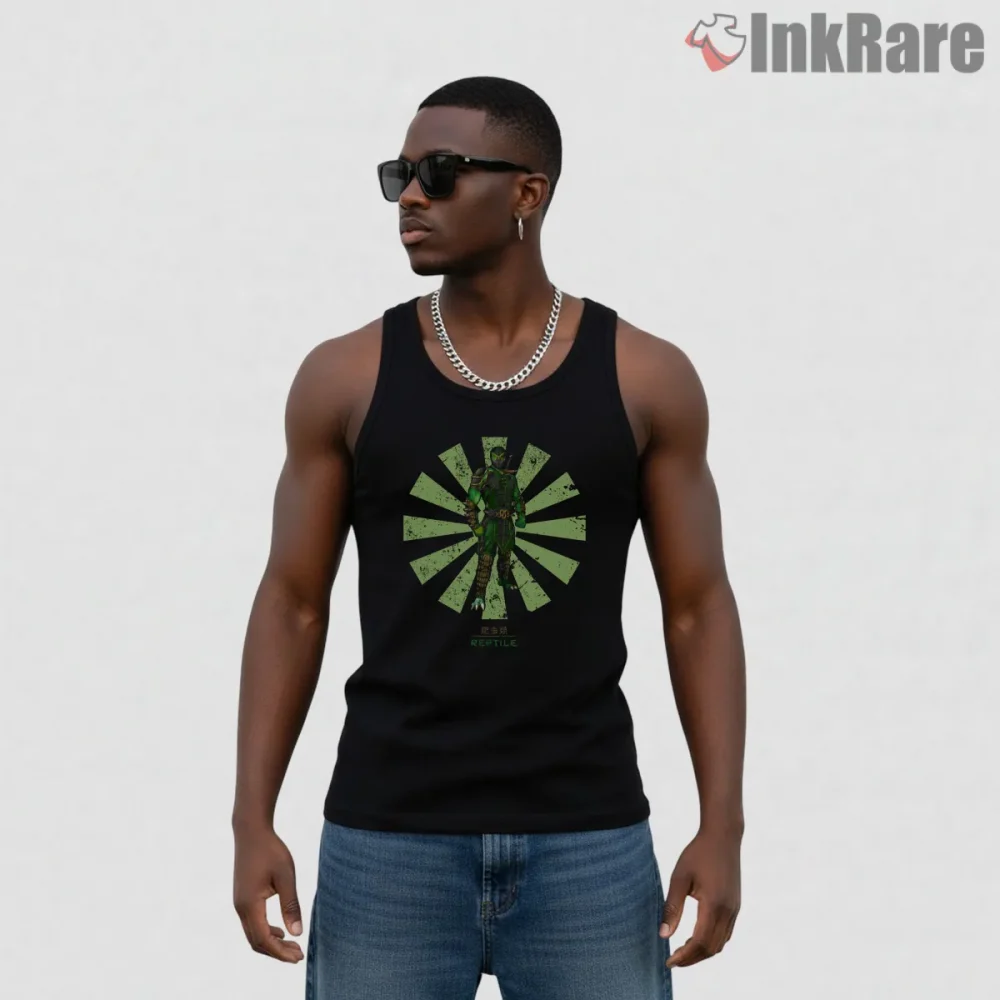 Mortal Kombat Reptile Japanese Rising Sun Retro Shirt on black tank top for men graphic tee