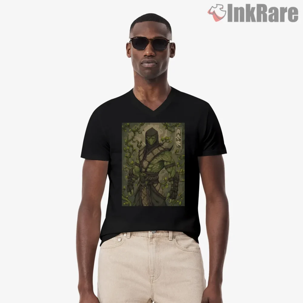 Mortal Kombat Reptile The Last Of His Kind Forest Shirt on black v-neck shirt for men graphic tee