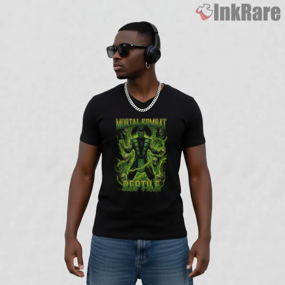 Mortal Kombat Reptile Toxic Soul Aura Shirt on black v-neck shirt for men graphic tee