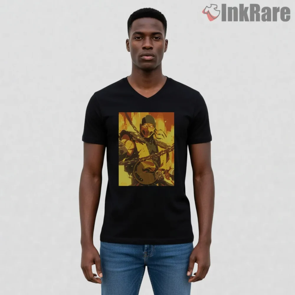 Mortal Kombat Scorpion Burning Spear Action Shirt on black v-neck shirt for men graphic tee