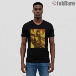 Mortal Kombat Scorpion Burning Spear Action Shirt on black v-neck shirt for men graphic tee