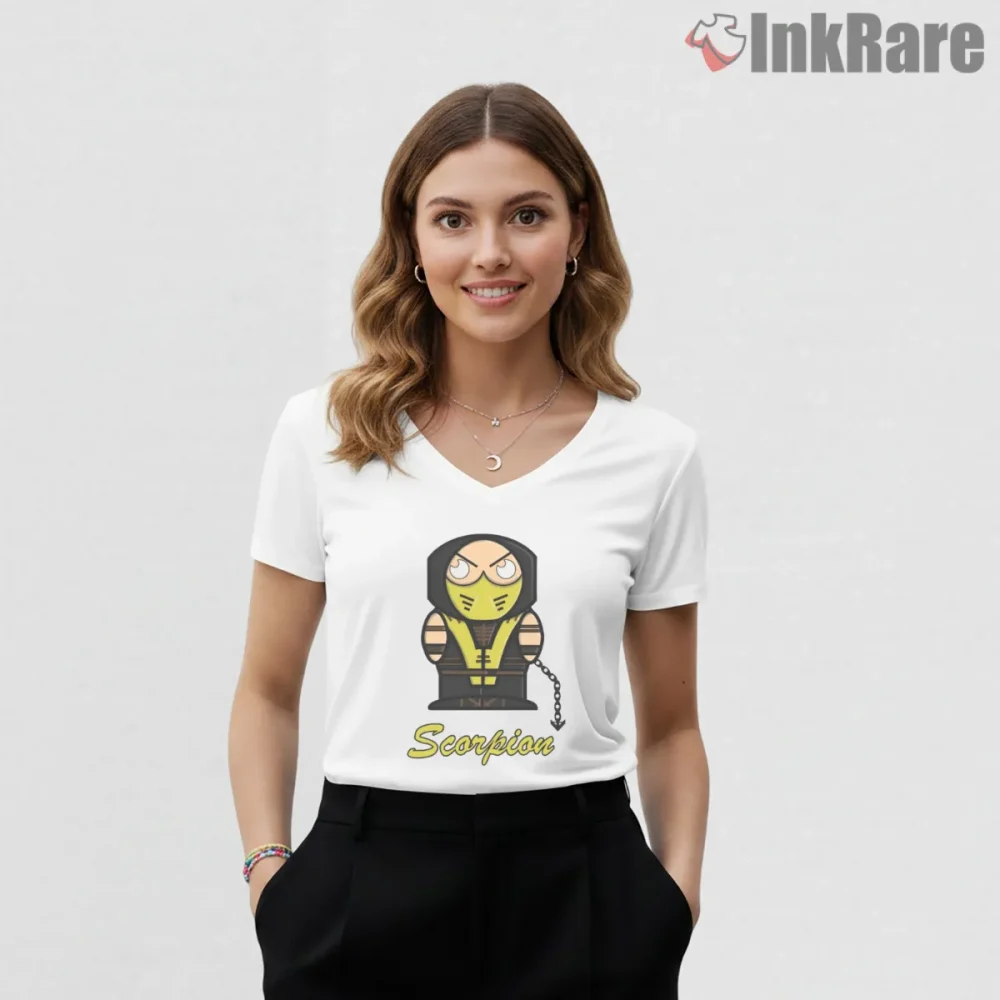 Mortal Kombat Scorpion Cartoon Demon Icon Shirt on white v-neck shirt for women graphic tee