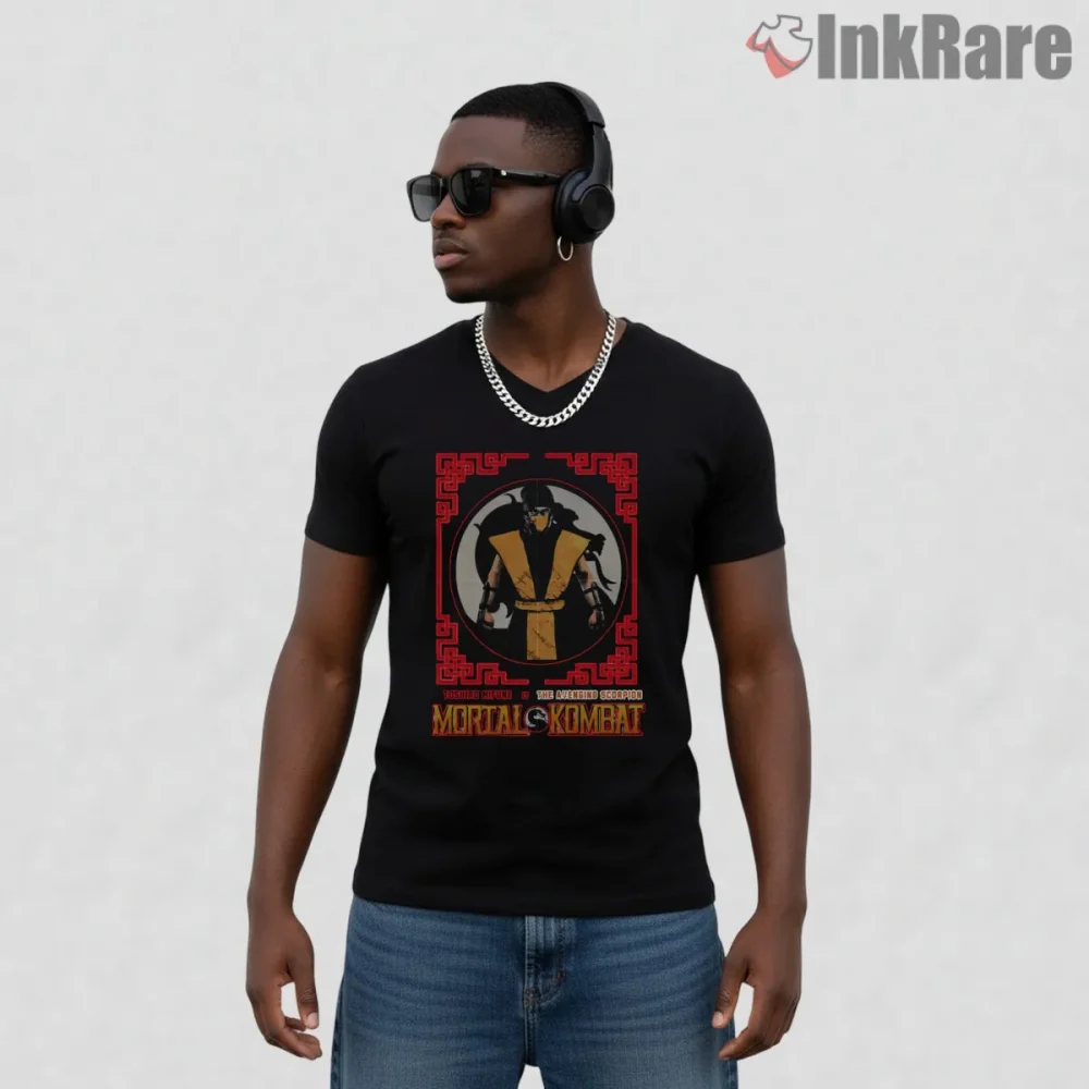 Mortal Kombat Scorpion Classic Frame Warrior Shirt on black v-neck shirt for men graphic tee