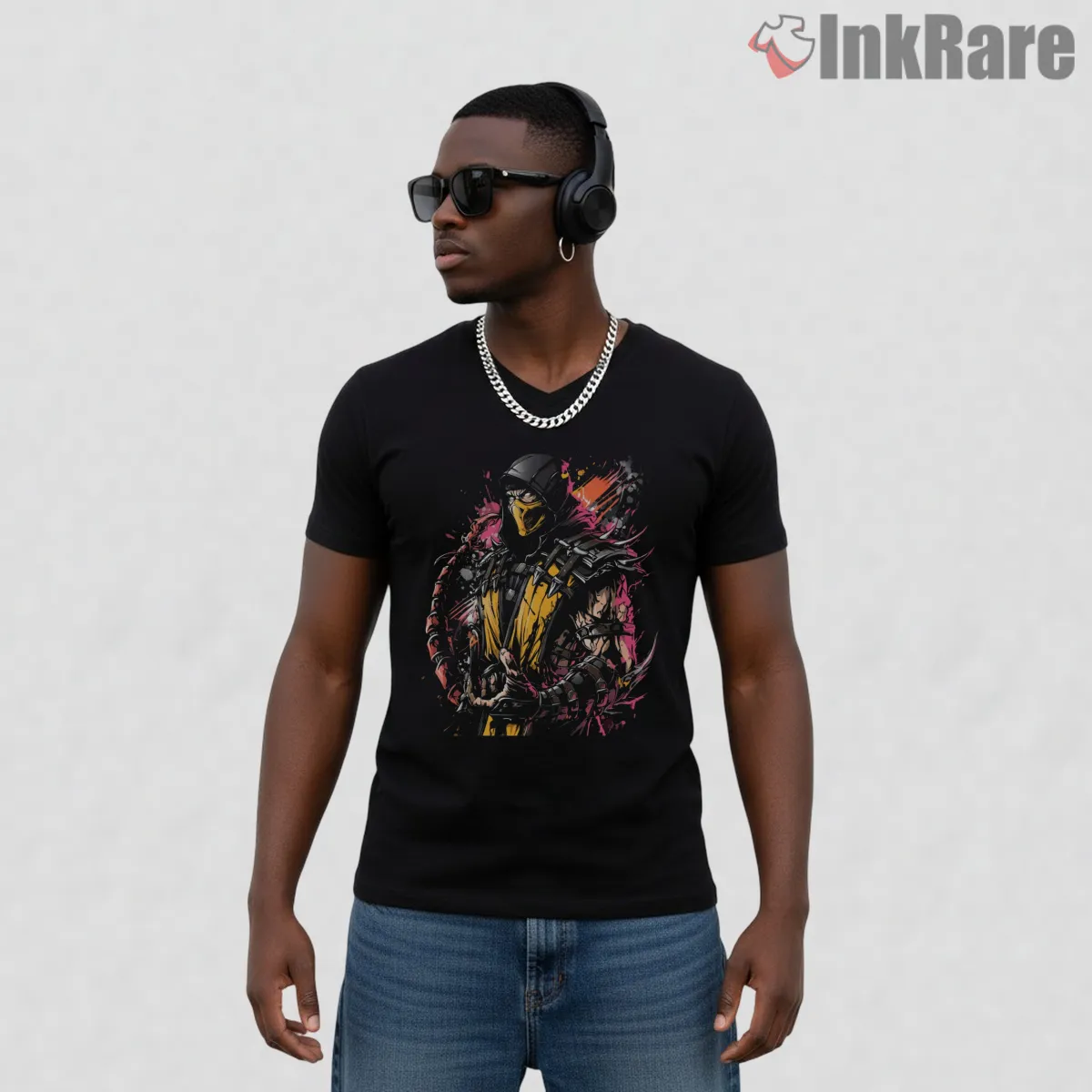 Mortal Kombat Scorpion Dark Flame Armor V Neck Black Mortal Kombat Scorpion Dark Flame Armor Shirt on black v-neck shirt for men graphic tee