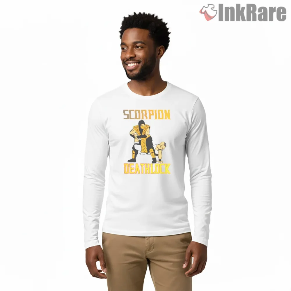 Mortal Kombat Scorpion Deathlock Dark Humor Shirt on white long sleeve shirt for men graphic tee