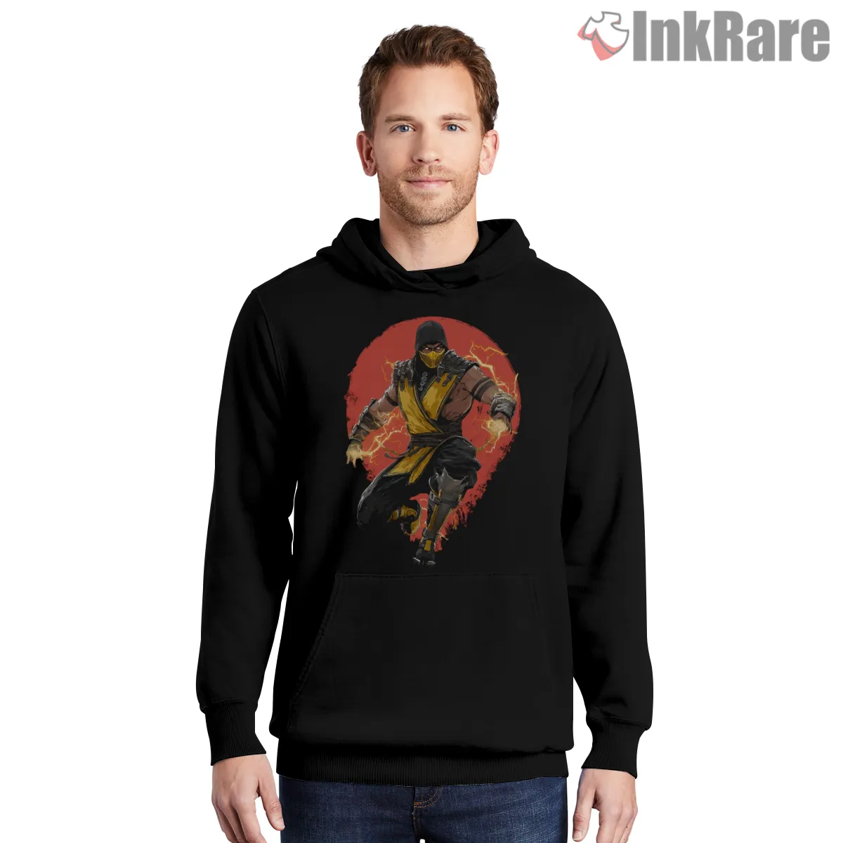 Mortal Kombat Scorpion Fire Aura Warrior Shirt on black hoodie for men graphic tee