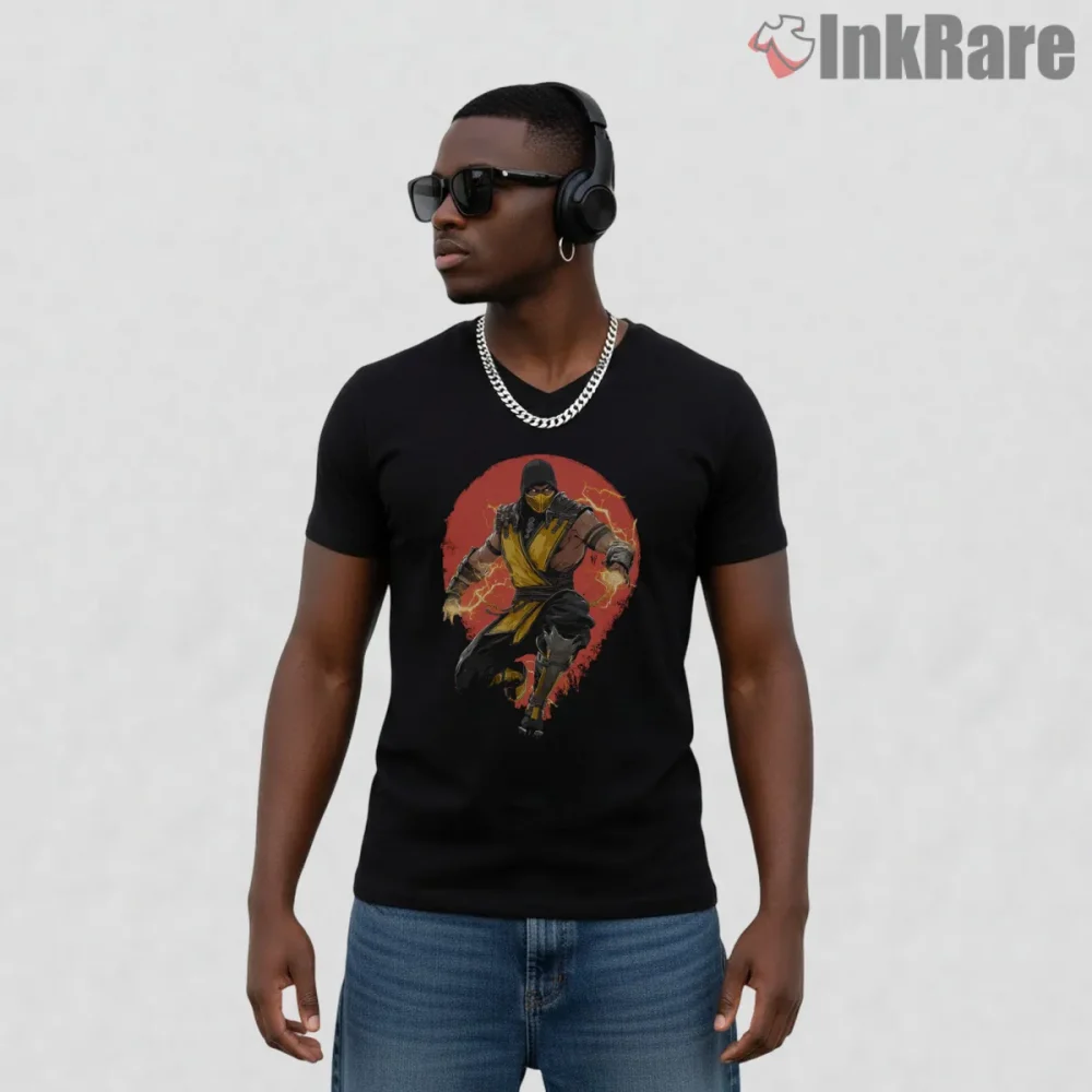 Mortal Kombat Scorpion Fire Aura Warrior Shirt on black v-neck shirt for men graphic tee