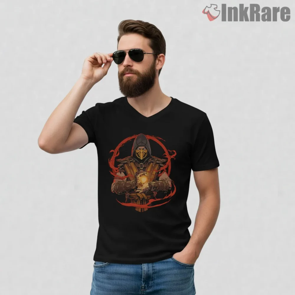 Mortal Kombat Scorpion Fire Core Energy Shirt on black v-neck shirt for men graphic tee