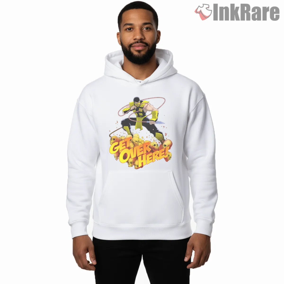 Mortal Kombat Scorpion Get Over Here Explosive Action Shirt on white hoodie for men graphic tee
