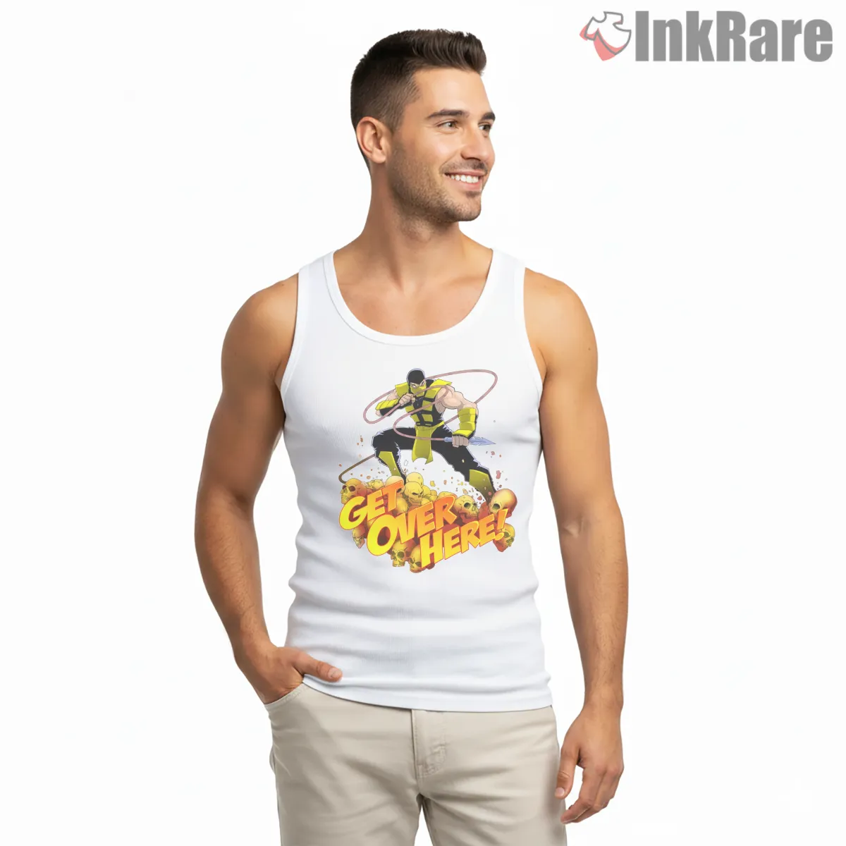 Mortal Kombat Scorpion Get Over Here Explosive Action Tank Top White Mortal Kombat Scorpion Get Over Here Explosive Action Shirt on white tank top for men graphic tee