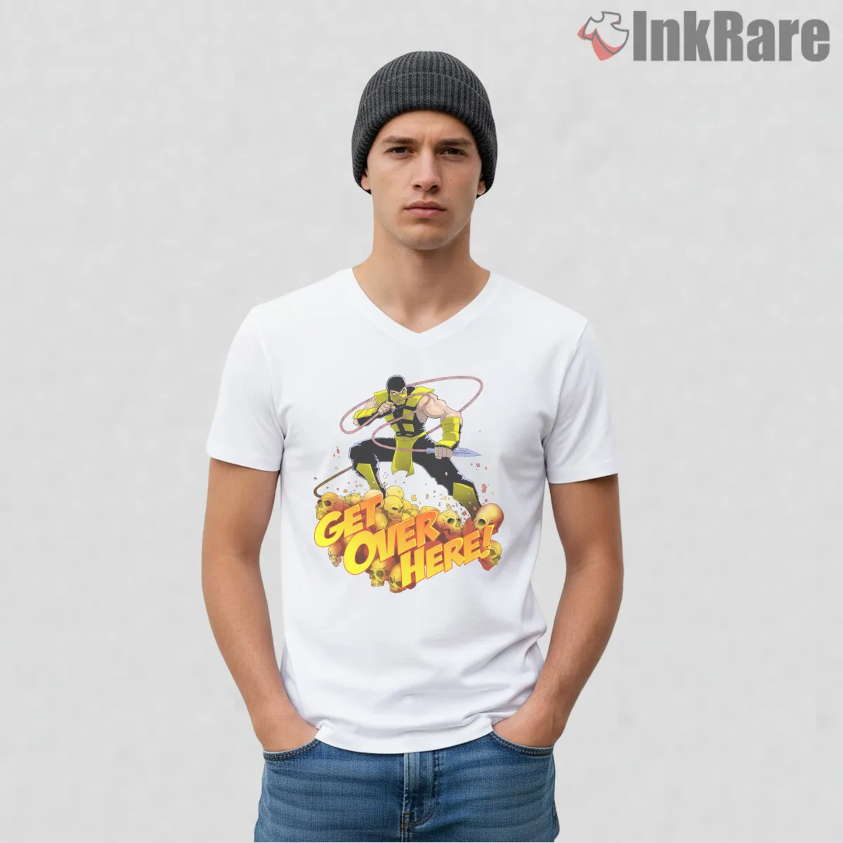 Mortal Kombat Scorpion Get Over Here Explosive Action V Neck White Mortal Kombat Scorpion Get Over Here Explosive Action Shirt on white v-neck shirt for men graphic tee