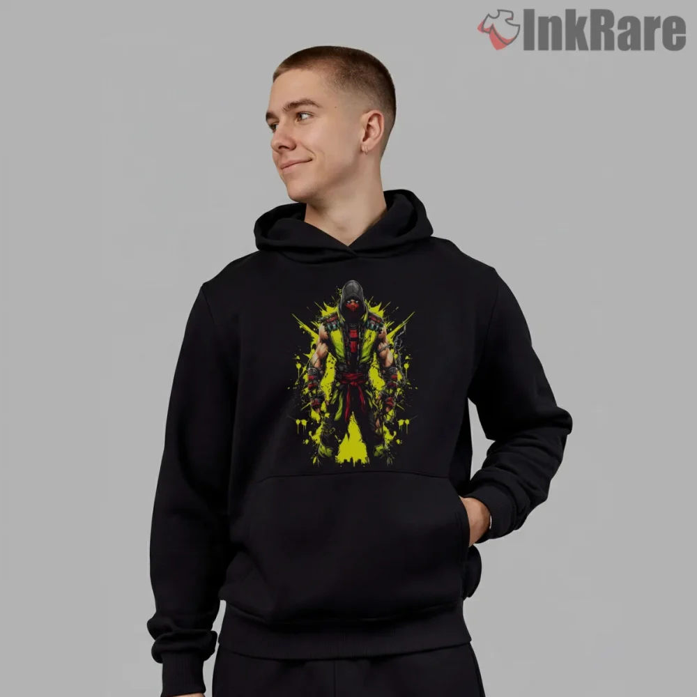Mortal Kombat Scorpion Neon Combat Street Style Shirt on black hoodie for men graphic tee