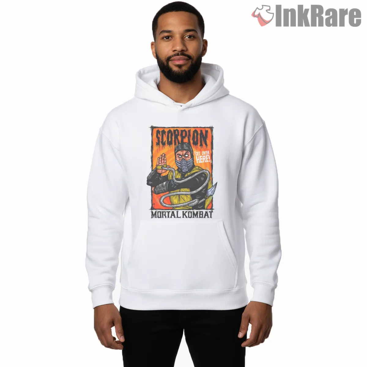 Mortal Kombat Scorpion Retro Poster Get Over Here Shirt on white hoodie for men graphic tee