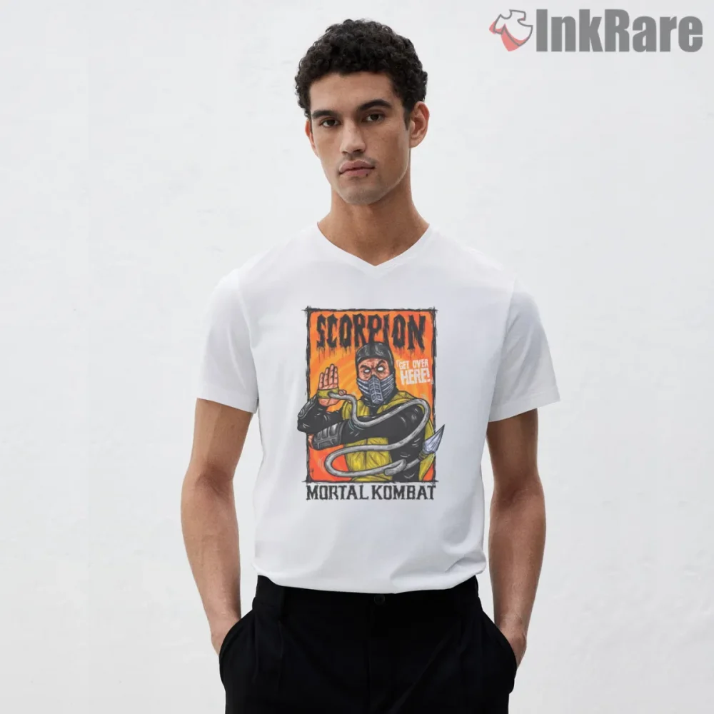 Mortal Kombat Scorpion Retro Poster Get Over Here Shirt on white v-neck shirt for men graphic tee