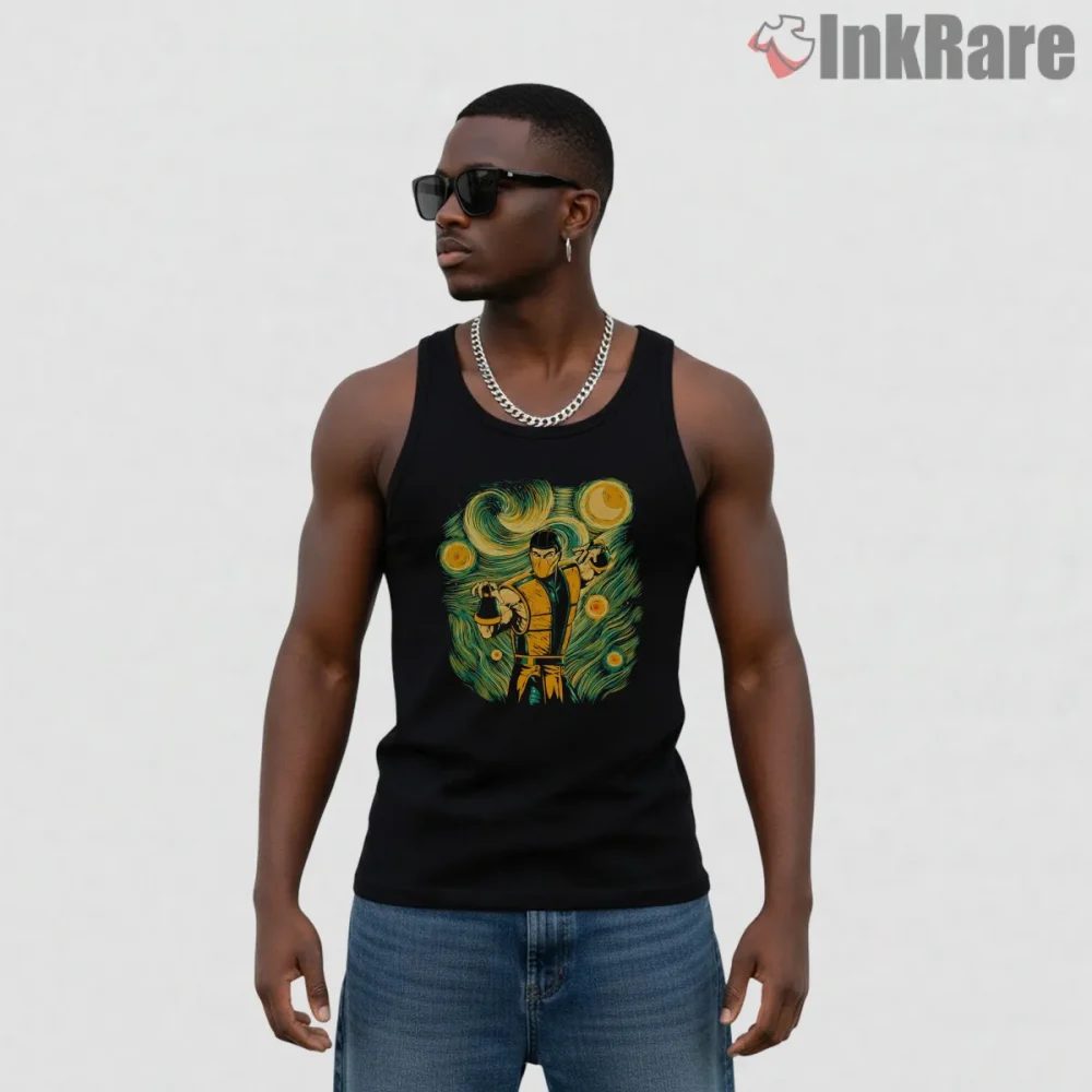 Mortal Kombat Scorpion Starry Night Hellfire Art Shirt on black tank top for men graphic tee