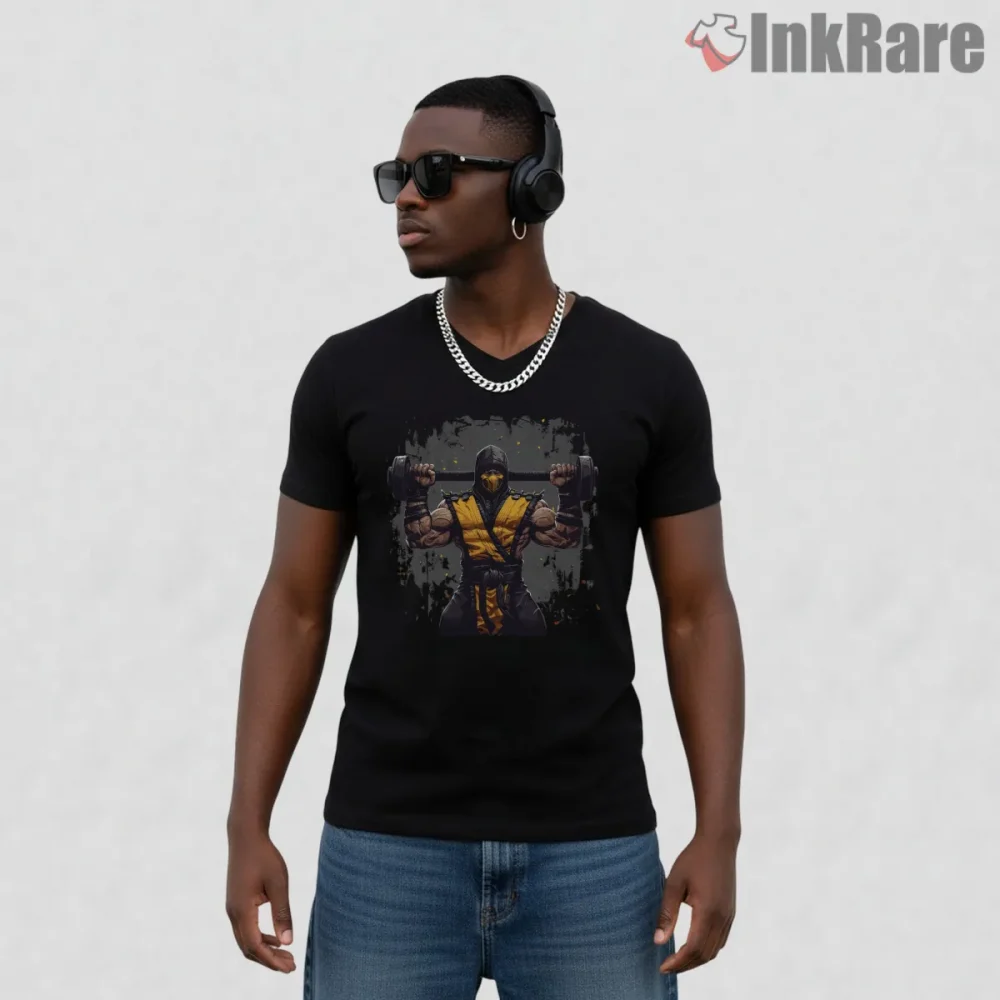 Mortal Kombat Scorpion Strength Training Gym Shirt on black v-neck shirt for men graphic tee