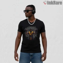Mortal Kombat Scorpion Strength Training Gym Shirt on black v-neck shirt for men graphic tee