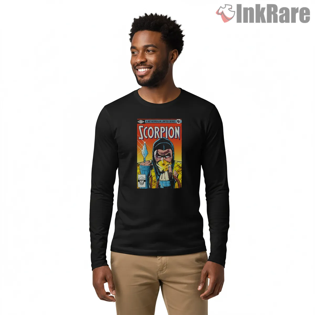 Mortal Kombat Scorpion Vintage Comic Cover Shirt on black long sleeve shirt for men graphic tee
