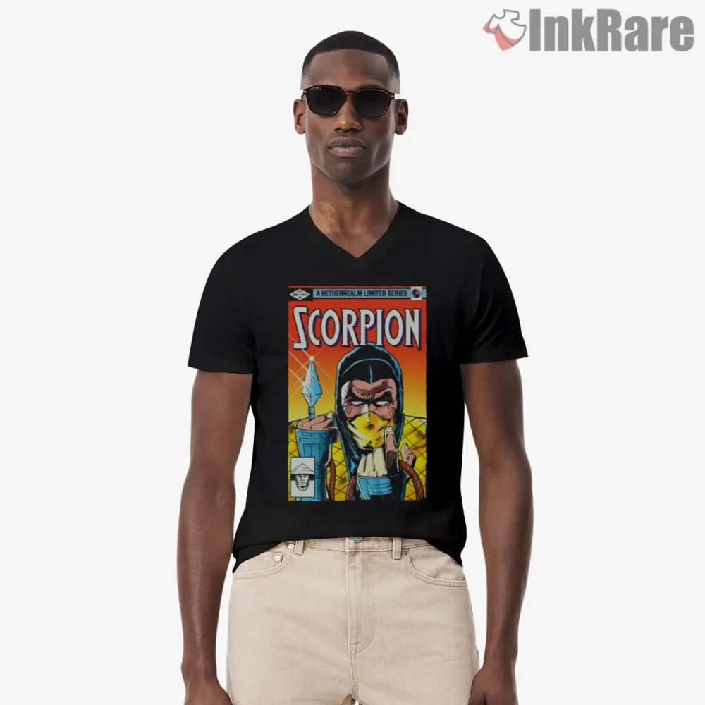 Mortal Kombat Scorpion Vintage Comic Cover Shirt on black v-neck shirt for men graphic tee
