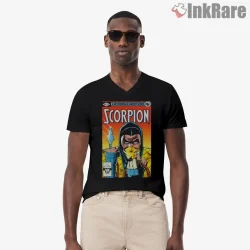 Mortal Kombat Scorpion Vintage Comic Cover Shirt on black v-neck shirt for men graphic tee