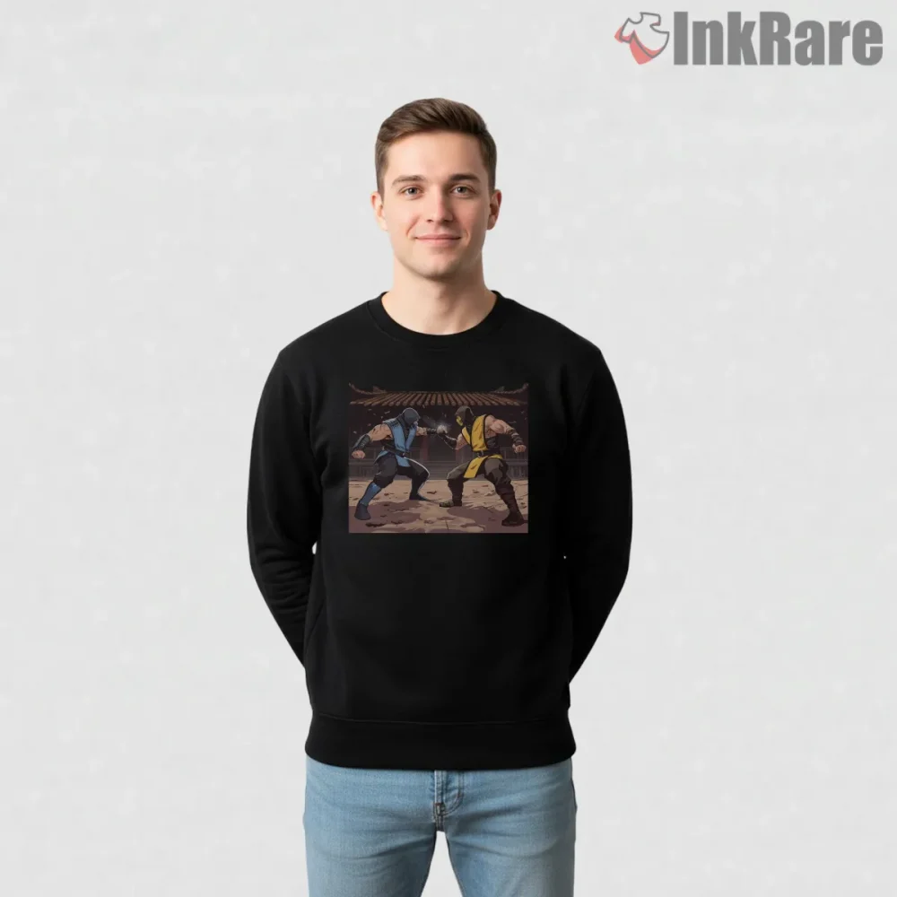 Mortal Kombat Scorpion Vs Sub Zero Duel Temple Shirt on graphic shirt for men graphic tee