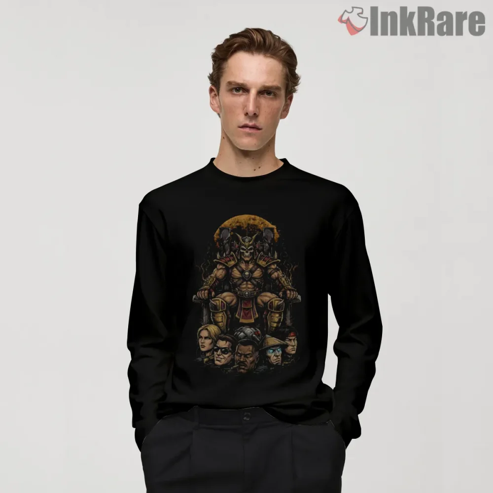 Mortal Kombat Shao Kahn Throne Of Conquest Shirt on black long sleeve shirt for men graphic tee
